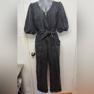 Anthropologie Othilia Acid Wash Puff Sleeve Utility Jumpsuit Charcoal Gray M